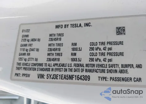 2022 Tesla Model 3 Rear-Wheel Drive из США, поврежденный, VIN 5YJ3E1EA5NF164309